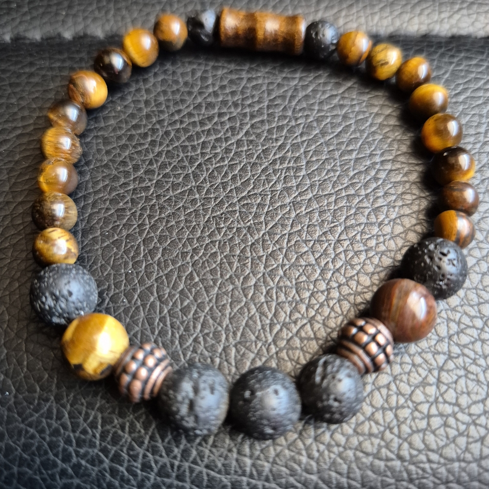 Mens Handmade Tigers Eye ,Bamboo and Lava Rock Braclet!